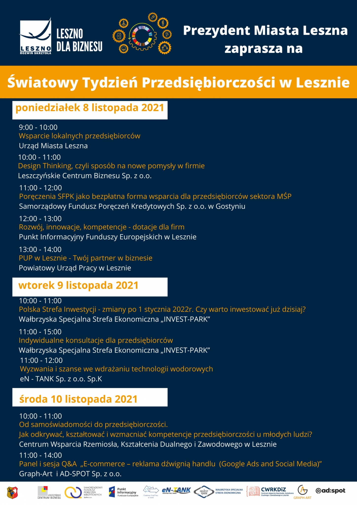 Program wydarzenia Światowy Tydzień Przedsiębiorczości w Lesznie podzielony na dni i godziny.