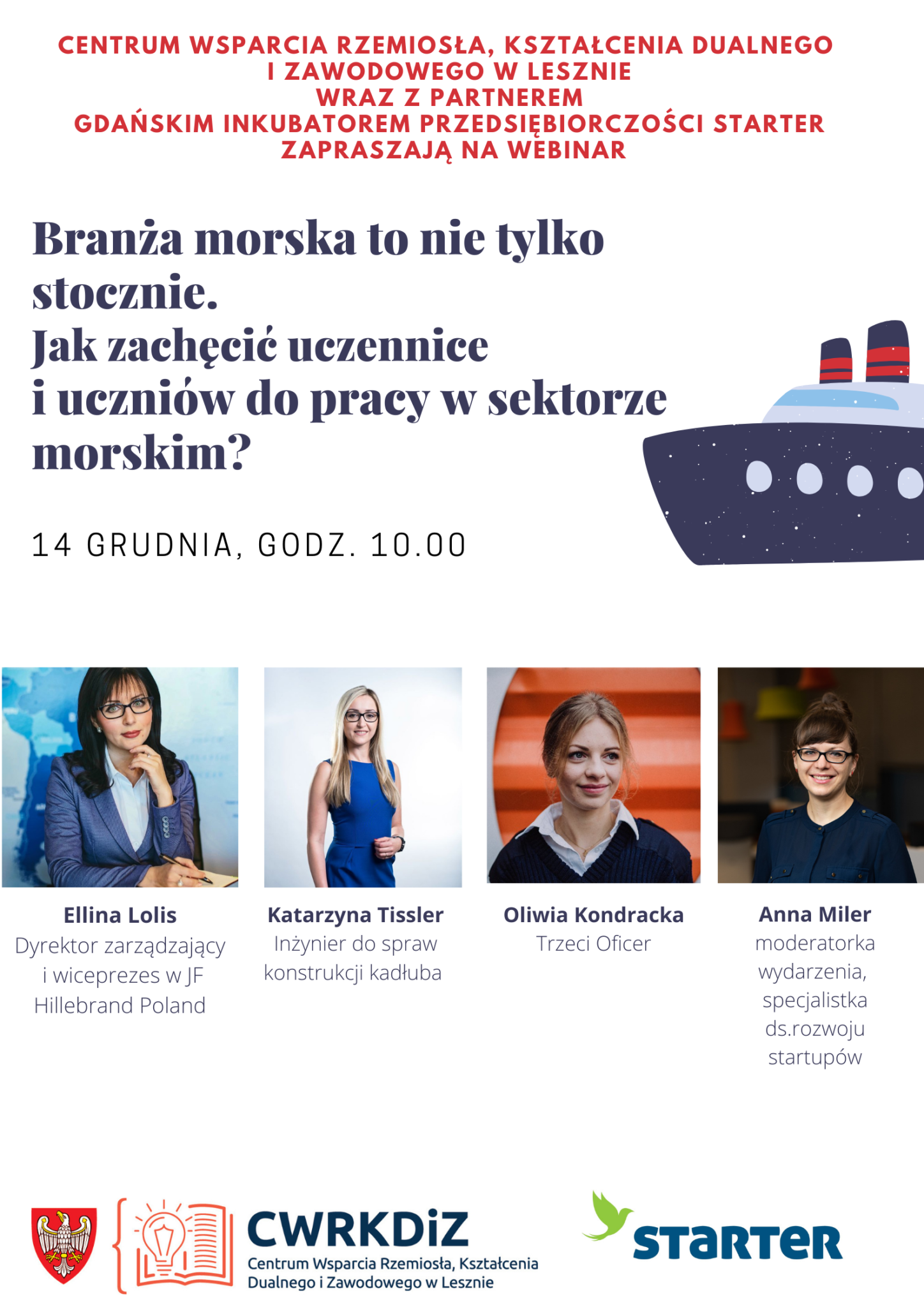 Plakat wydarzenia przedstawia jego tytuł, grafikę wektorową statku oraz zdjęcia czterech kobiet, które wezmą udział w wydarzeniu.