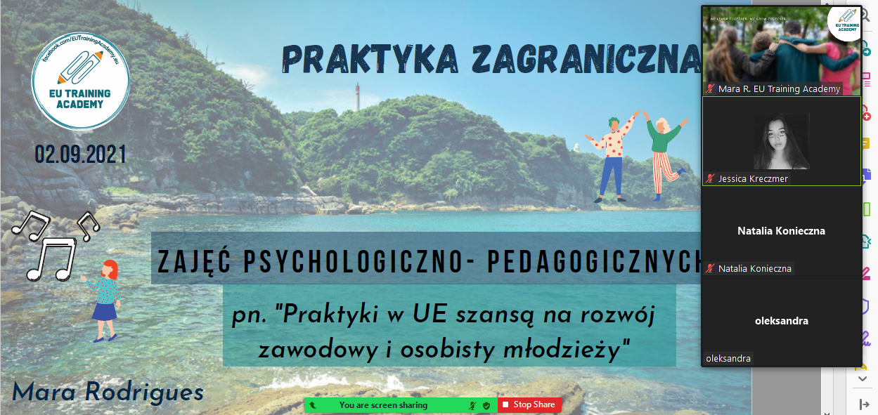 Screen z zajęć z przygotowania psychologiczno-pedagogicznego dla uczniów z ZS 4 w Lesznie. W tle widać morze i góry a na pierwszym planie tematyka zajęć i widok kilku uczestników.