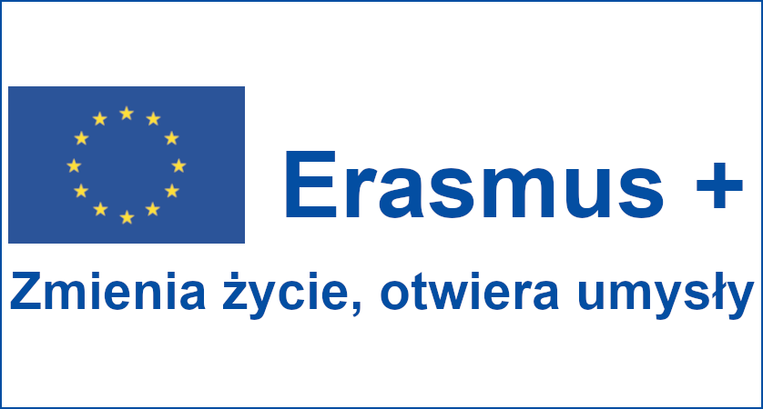 Logotyp Erasmus plus oraz hasło "Zmienia życie, otwiera umysły".