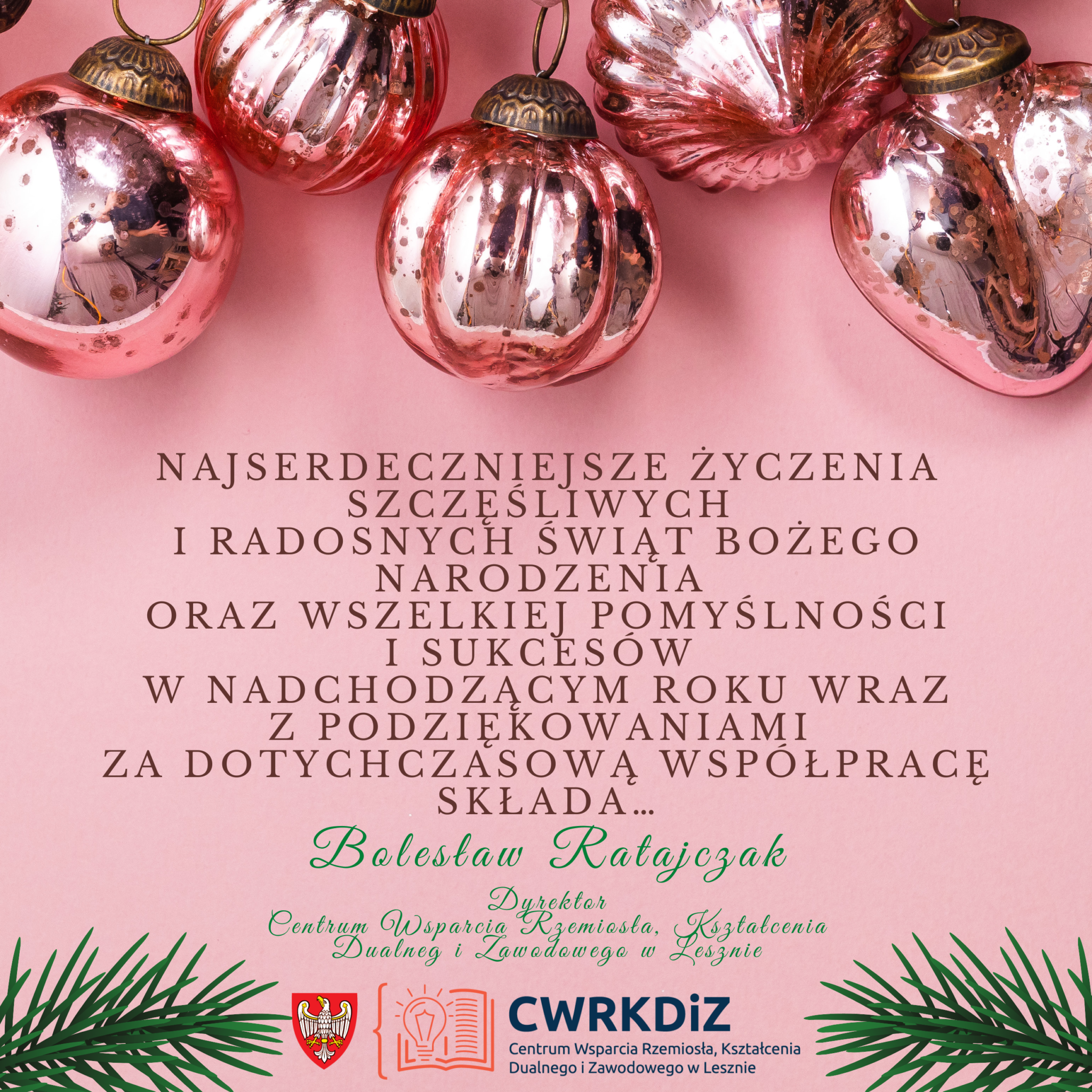 Grafika przedstawia kilka bombek choinkowych położonych na różowym tle, w środku tekst życzeń świątecznych (Najserdeczniejsze życzenia szczęśliwych i radosnych Świąt Bożego Narodzenia oraz Wszelkiej Pomyślności i Sukcesów w nadchodzącym roku wraz z podziękowaniami za dotychczasową współpracę składa Bolesław Ratajczak), na dole dwie gałązki świerkowe a pomiędzy nimi logo Centrum Wsparcia Rzemiosła, Kształcenia Dualnego i Zawodowego w Lesznie.
Artykuł nie zawiera treści.