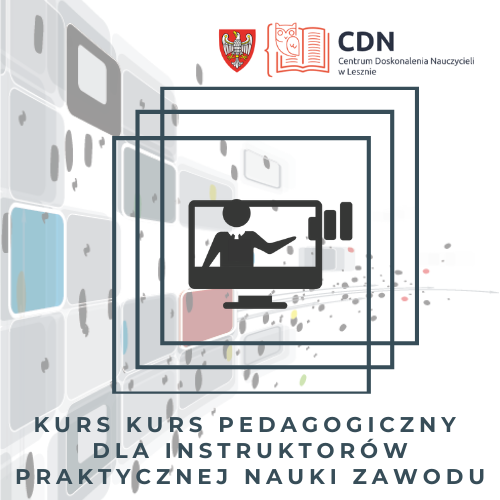 Grafika zawiera logo centrum Doskonalenia Nauczycieli w Lesznie, kolorowe tło i monitor komputera w grafice wektorowej oraz nazwę kursu.