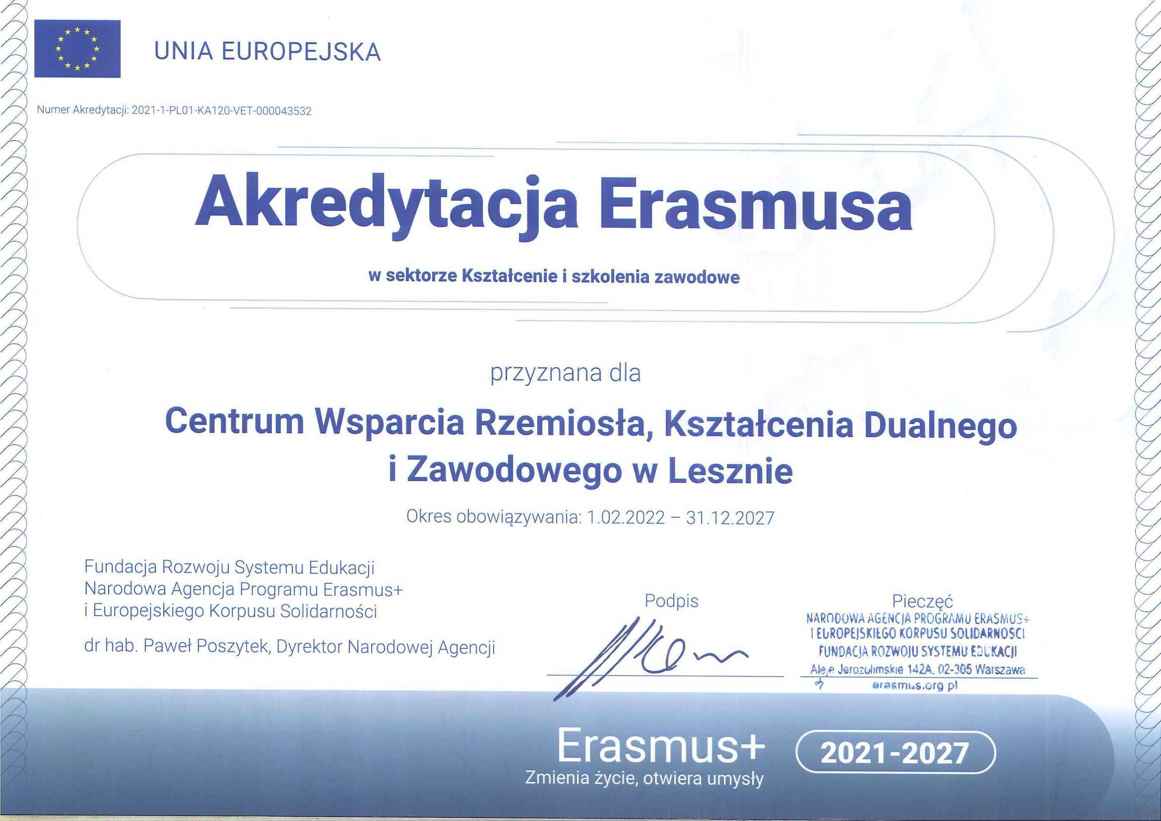 Skan dokumentu potwierdzający otrzymanie Akredytacji Erasmusa na lata 2021-2027 dla Centrum Wsparcia Rzemiosła, Kształcenia Dualnego i Zawodowego w Lesznie.