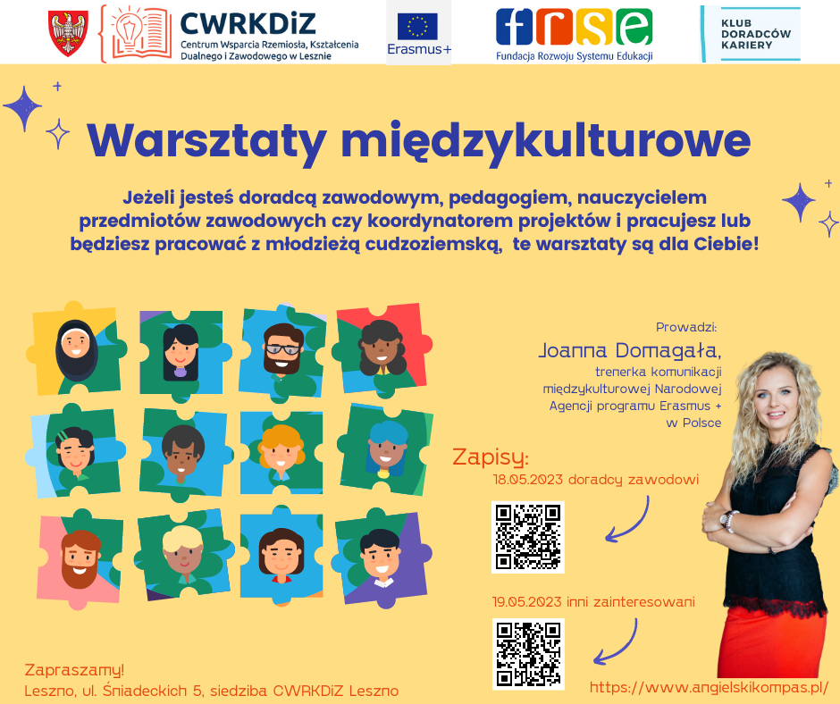 Na plakacie widać kobietę (blondynkę), nazwę wydarzenia "Warsztaty międzykulturowe", logotypy CWRKDiZ, Erasmus+, FRSE oraz Klubu Doradców Kariery, oraz puzzle z wektorowymi głowami męskich i żeńskich postaci.
