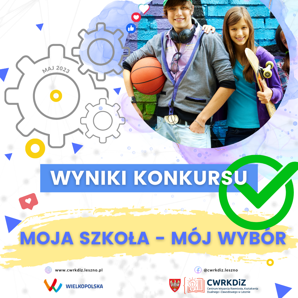Na plakacie widać zdjęcie chłopaka trzymającego piłkę do koszykówki i dziewczynę trzymającą w ręku deskorolkę. Oprócz tego widnieje na nim tytuł konkursu, informacja o tym, że są to wyniki konkursu oraz logotyp CWRKDiZ w Lesznie i Wielkopolski.