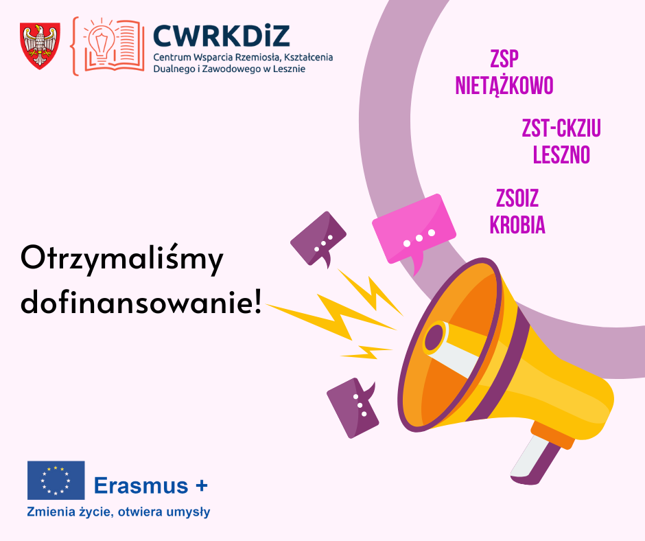Grafika przedstawia megafon i hasło "Otrzymaliśmy dofinansowanie!". Widnieje na niej także logotyp CWRKDiZ w Lesznie oraz Erasmus+, a także wymienione są szkoły biorące udział w projekcie.