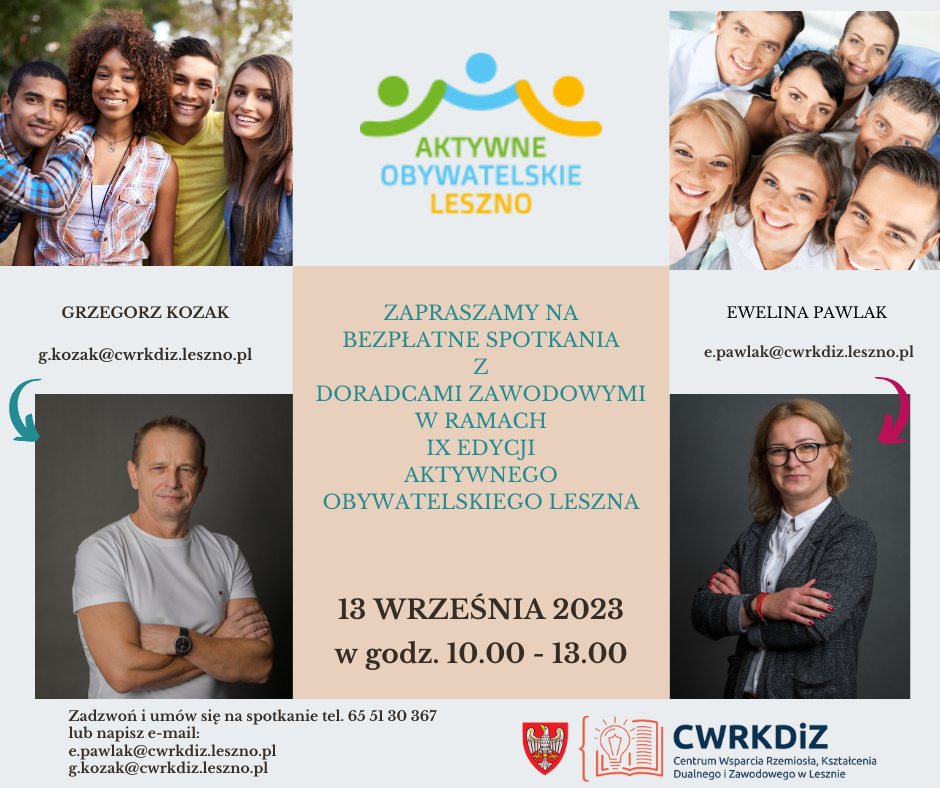 Grafika przedstawia 4 zdjęcia - na dwóch doradcy zawodowi CWRKDiZ Leszno (kobieta i mężczyzna), na trzecim grupa młodzieży, na czwartym grupa dorosłych. Znajdują się na niej także najważniejsze informacje o konsultacjach i dane kontaktowe.
